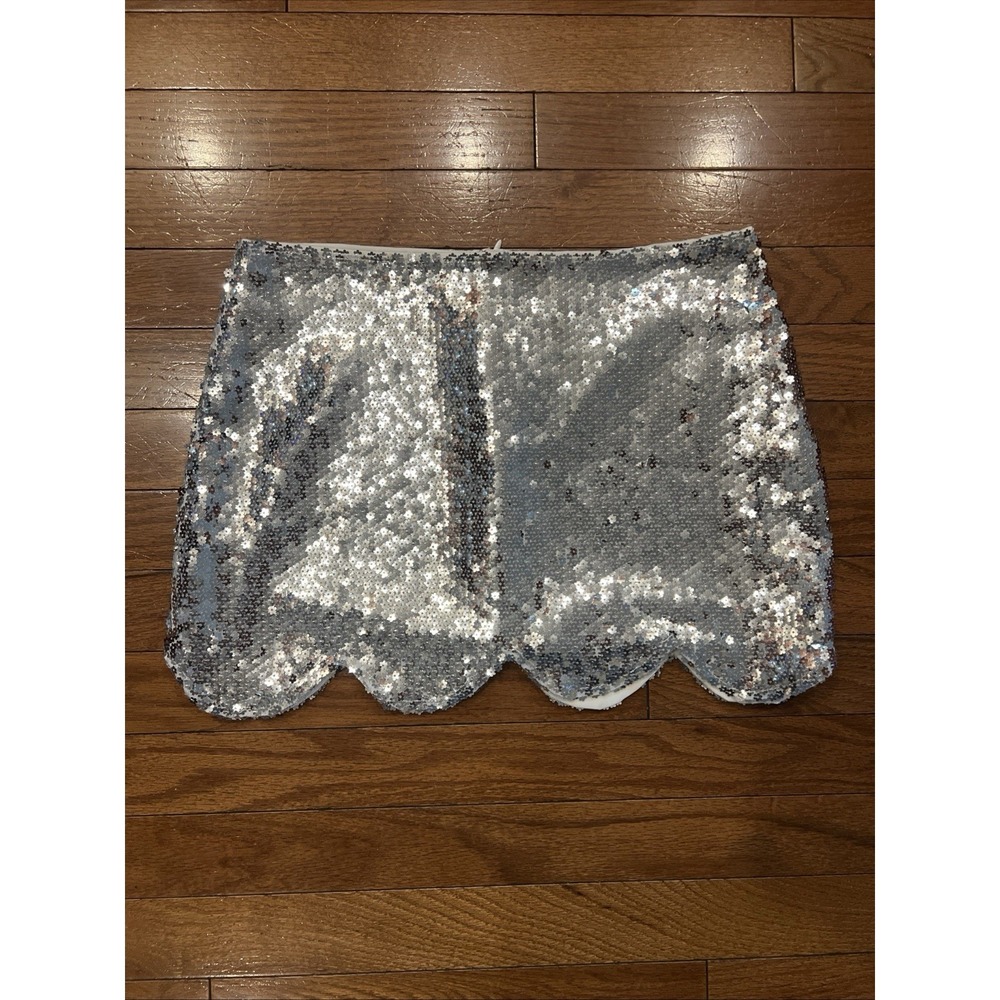 Loucia Silver Sequin Mini Skirt Small Scallop Hem Party Club Festival Y2K